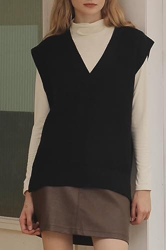 LANYO Women's Oversized V-Neck Chunky Knit Vest Tops