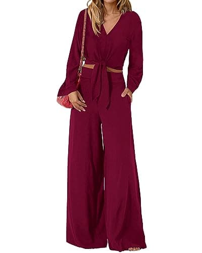 PrettyGarden Women's 2025 Spring V Neck Crop Top & Wide Leg Palazzo Pants Outfit Sets