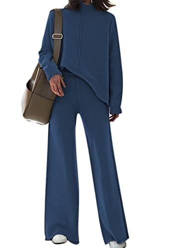 High Neck Knitted Sweater and Wide Leg Pant Set for Women