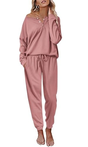 Ekouaer Women's Waffle Knit Pajama Set Long Sleeve S-XXLCasual Loungeewear
