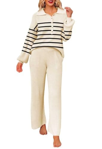 Pink Queen Women's Long Sleeve Button Knit Sweater Wide Leg Pants Outfit