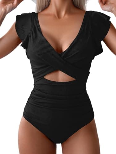 B2prity Women's Slimming V-Neck One Piece Swimwear with Ruffle Cutout