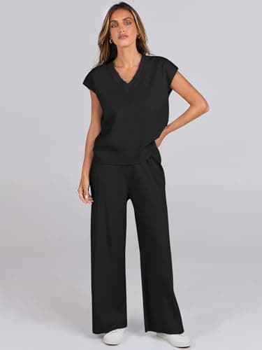 Caracilia Women's Summer 2-Piece Knit Set Vest & Wide Leg Pants
