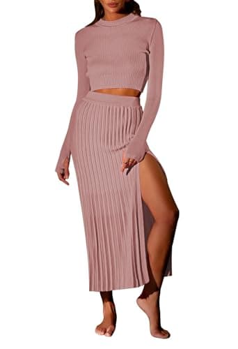 Pink Queen Women's 2-Piece Long Sleeve Crop Top & Ribbed Midi Skirt Knit Dress Set