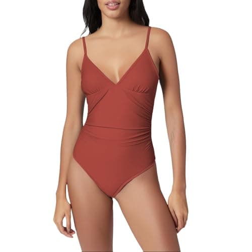 Women's Tummy Control One Piece Suspender Swimsuit Deep V Neck Ruched Bathing Suit