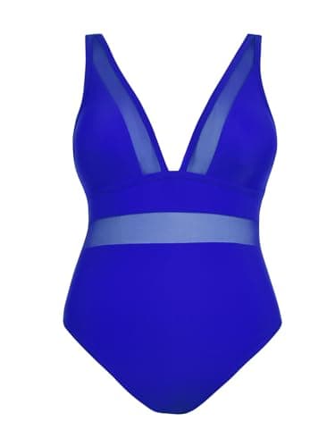 CUPSHE Women's Plus Size V-Neck Mesh Swimsuit with Tummy Control Adjusted Straps