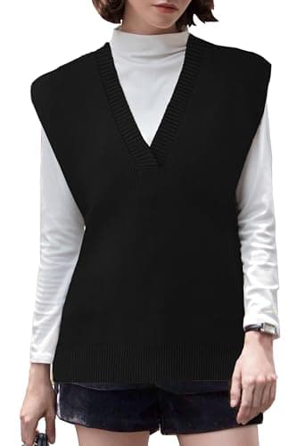 LANYO Women's Oversized V-Neck Chunky Knit Vest Tops