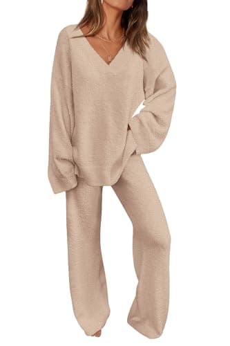 PRETTYGARDEN Women's Oversized V-Neck Sweater & Wide Leg Pants Fall Winter Set