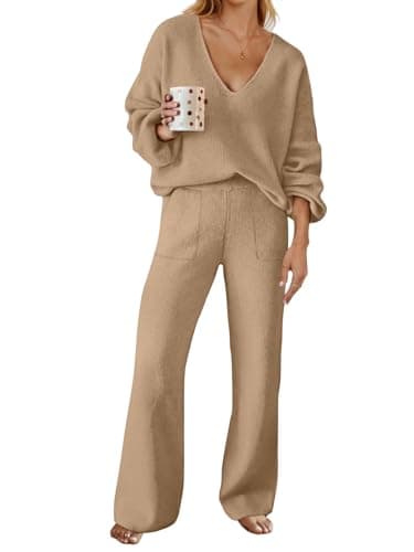 MEROKEETY Women's Long Sleeve Knit Top & Wide Leg Pant Lounge Set