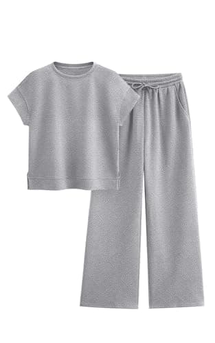 PRETTYGARDEN Women Casual Tracksuit Short Sleeve Top & Wide Leg Pants Matching Lounge Set