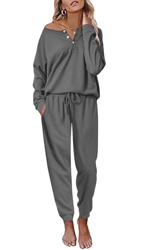 Ekouaer Women's Waffle Knit Pajama Set Long Sleeve S-XXLCasual Loungeewear