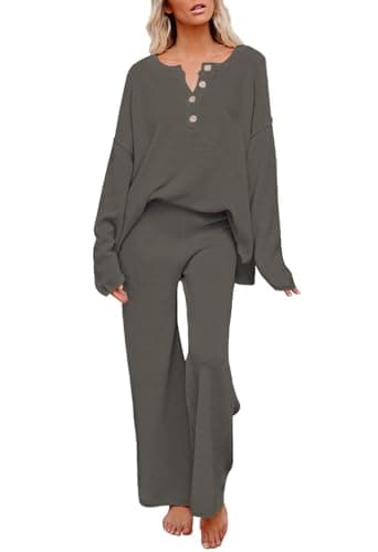 Pink Queen Women's Long Sleeve Button Sweater Top & Wide Leg Knit Pants Outfit Set