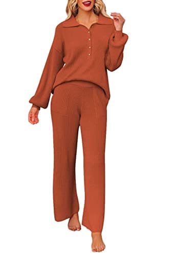 Pink Queen Women's Long Sleeve Button Knit Sweater Wide Leg Pants Outfit