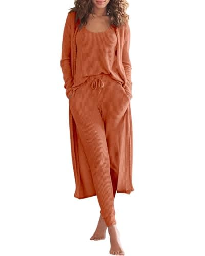 Eurivicy Women's Waffle Knit 3-Piece Lounge Set with Long Cardigan