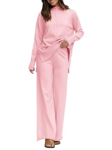 Fazortev Women's Long Sleeve Top & Wide Leg Pants Knit Lounge Set