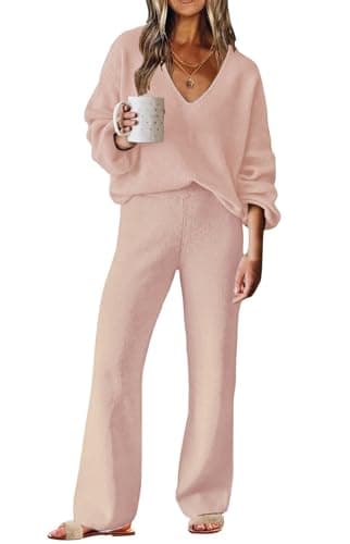 ETCYY New Women's Sweater Lounge Set Casual V-Neck Long Sleeve Top Wide Leg Pants
