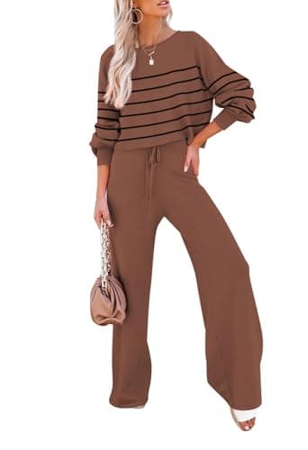 Pink Striped Knitted Sweater & Wide Leg Pants Outfit for Women Lounge Sets