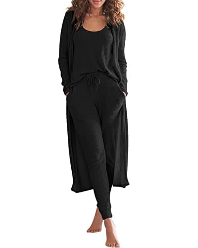 Eurivicy Women's Waffle Knit 3-Piece Lounge Set with Long Cardigan