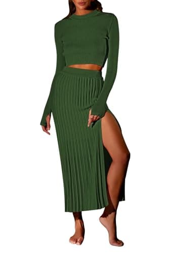 Pink Queen Women's 2-Piece Long Sleeve Crop Top & Ribbed Midi Skirt Knit Dress Set