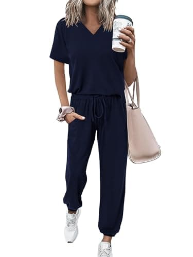 MASCOMODA Women's Summer V-NeckShort Sleeve Top & Long Pants Tracksuit