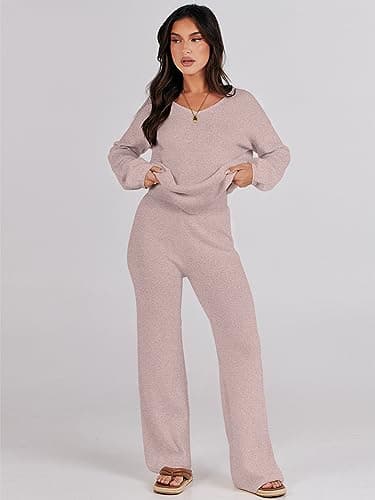 ANRABESS Women's Long Sleeve Cable Knit Set with Wide Leg Pants
