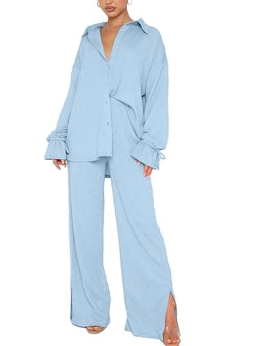 LYANER Women's Button Down Long Sleeve Shirt & Wide Leg Pants Set