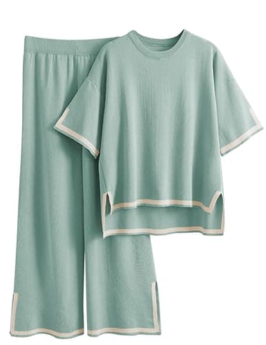 Faleave Women's Short Sleeve Knit Sweater & Elastic Waist Wide Leg Pants Lounge Set