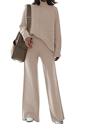 AOHITE Women's Long Sleeve Knit Sweater Top & Wide Leg Sweatpants Outfit Set
