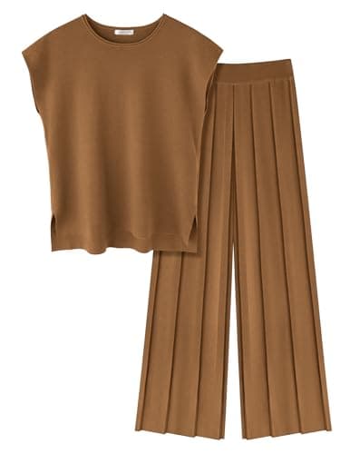 Ekouaer Women's Knit Cap Sleeve Tops & Wide Leg Pleated Pants Casual Sweater Sets