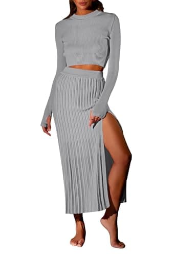 Pink Queen Women's 2-Piece Long Sleeve Crop Top & Ribbed Midi Skirt Knit Dress Set