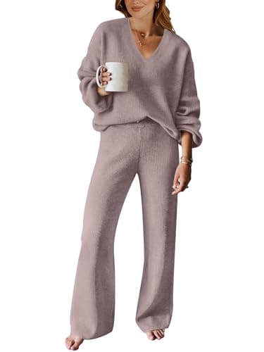 ANRABESS Women's Long Sleeve Cable Knit Set with Wide Leg Pants