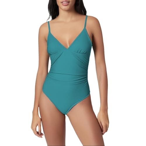 Women's Tummy Control One Piece Suspender Swimsuit Deep V Neck Ruched Bathing Suit