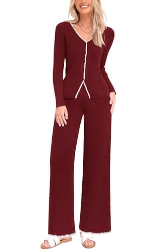 PrettyGarden Women's 2024 Winter Knit Lounge Sets Wide Leg Pants Buttons
