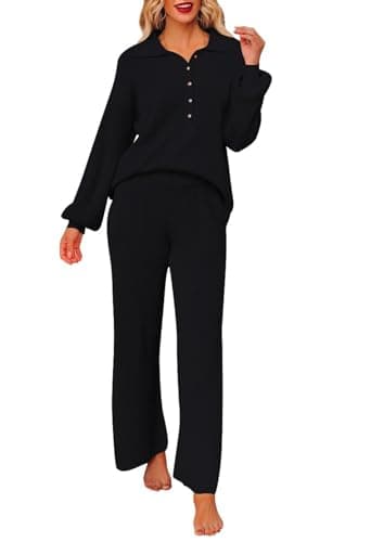 Pink Queen Women's Long Sleeve Button Knit Sweater Wide Leg Pants Outfit