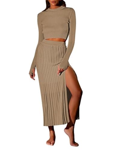 Pink Queen Women's 2-Piece Long Sleeve Crop Top & Ribbed Midi Skirt Knit Dress Set