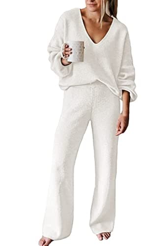 Fixmatti Women's 2-Piece Long Sleeve Knit Sweater Set Wideleg Pants Outfit