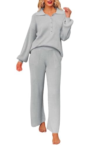 Pink Queen Women's Long Sleeve Button Knit Sweater Wide Leg Pants Outfit