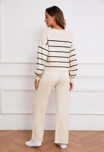 Pink Striped Knitted Sweater & Wide Leg Pants Outfit for Women Lounge Sets