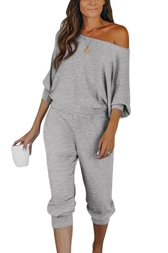 PRETTYGARDEN Women's Off-Shoulder Ribbed Tracksuit with Pockets