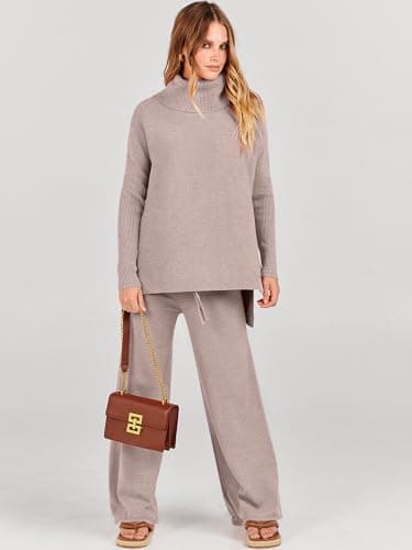 ANRABESS Women's Oversized Turtleneck Knit Pullover Sweatset Wide Leg Pants Fall Loungeewear