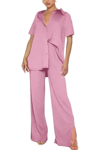 LYANER Women's Button Down Shirt & Wide Leg Pants Set