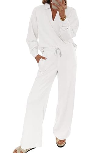 EVALESS Women V-Neck Sweatshirt & Wide Leg Sweatpants Lounge Set