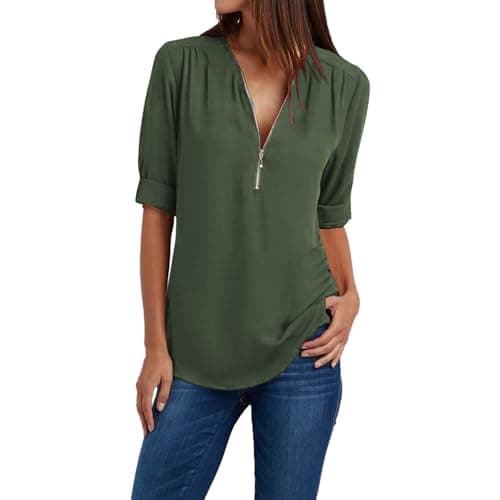 Trendy Plus Size Zip Front 3/4 Sleeve V Neck Summer Tops