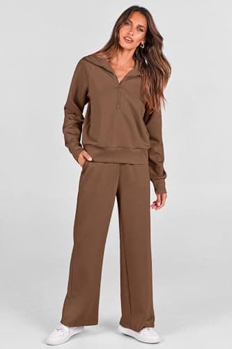 PRETTYGARDEN Women's Casual Half Zip Sweatshirts & Wide Leg Pants Sets