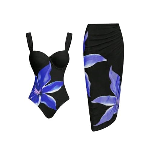 Cethrio Plus Size Vintage Printed Bodystyle Swimwear with Sarong Wrap Skirt