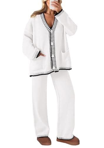 PRETTYGARDEN Women's Matching Lounge Sets Knit Cardigan & Wide Leg Pants