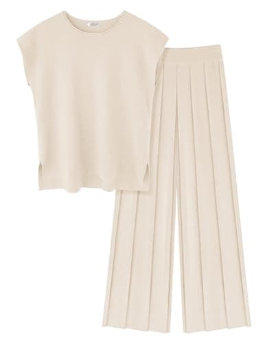 Ekouaer Women's Knit Cap Sleeve Tops & Wide Leg Pleated Pants Casual Sweater Sets