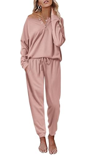 Ekouaer Women's Waffle Knit Pajama Set Long Sleeve S-XXLCasual Loungeewear