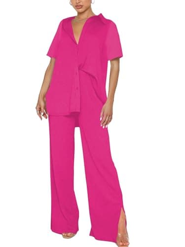 LYANER Women's Button Down Shirt & Wide Leg Pants Set