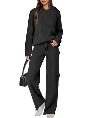 ANRABESS Women's Hooded Knit Sweater & Straight Leg Pants Fall Travel Outfit